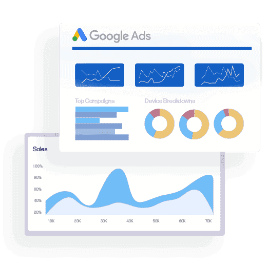 Google Ads Web analytics icon above a sales graph